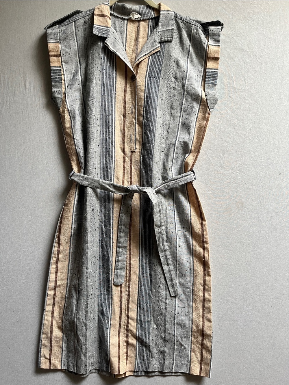 Linen Blend Striped Sleeveless Belted Midi Shirt Dress Size 8